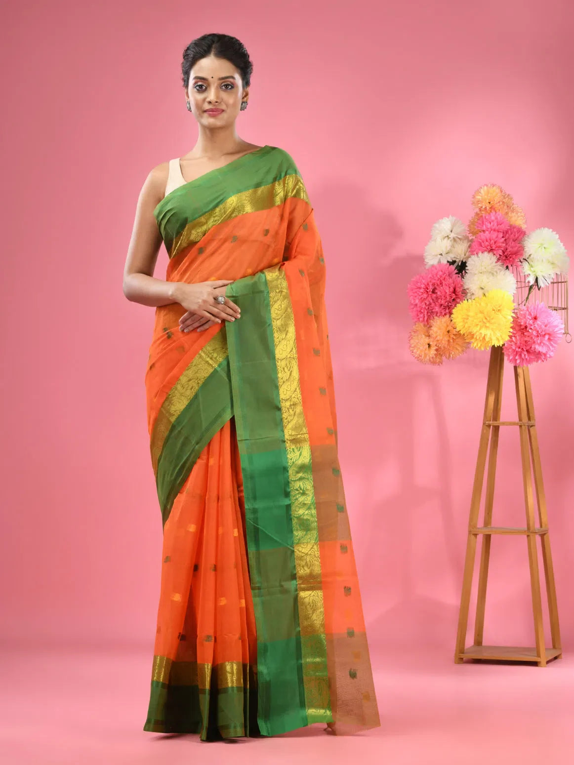 Orange Pure Cotton Tant Saree With Woven Designs-MA51TT43490088