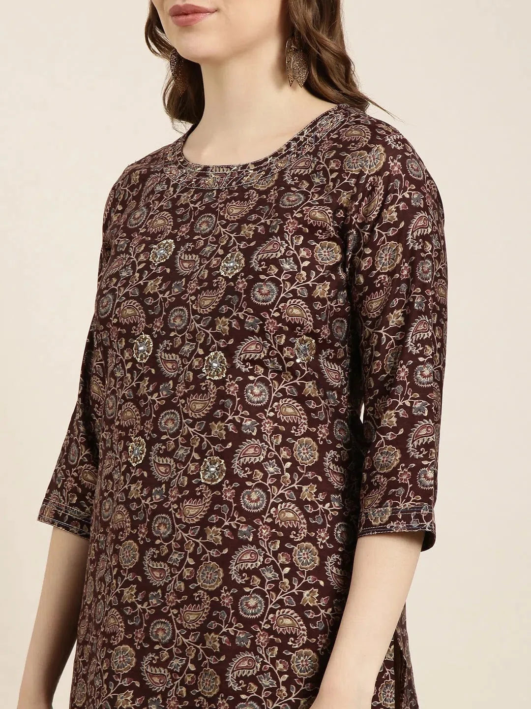 Brown Floral Cotton Kurta - Stylish Indian Kurta for Ladies