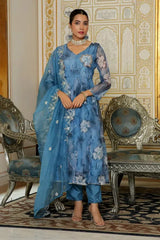 Women Blue  Embroidered Anarkali Kurta With Solid Pant & Dupatta-130-Vaas-Blue