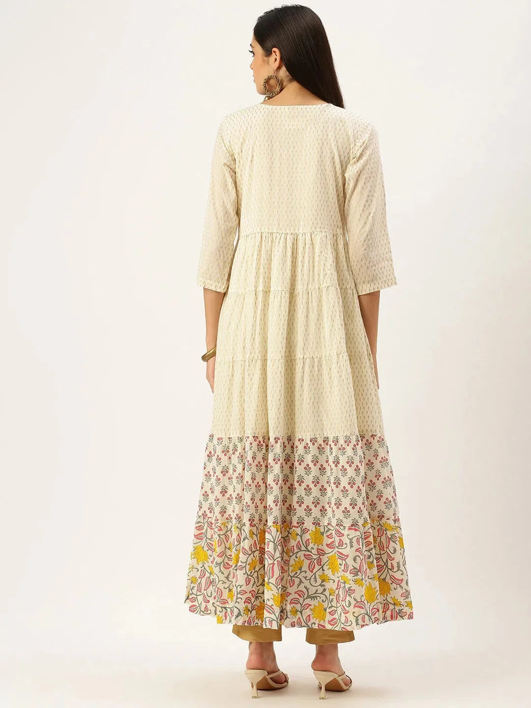 Beige Printed Cotton Anarkali Kurti for Women | DesiQlo