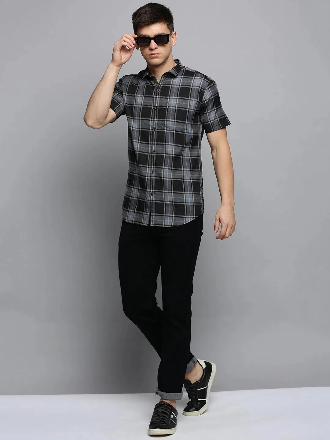 Grey Checked Mens Shirt - Cotton Casual Shirt | DesiQlo