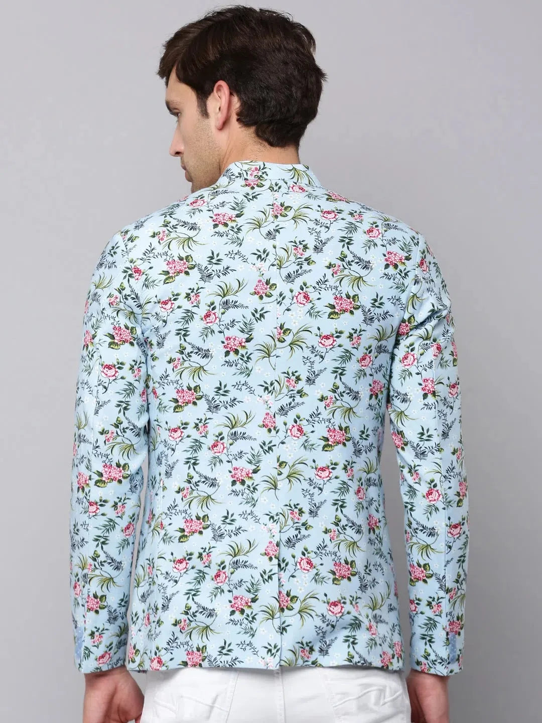 Men's Blue Printed Blazer | Modern Ethnic Nehru Collar Jacket