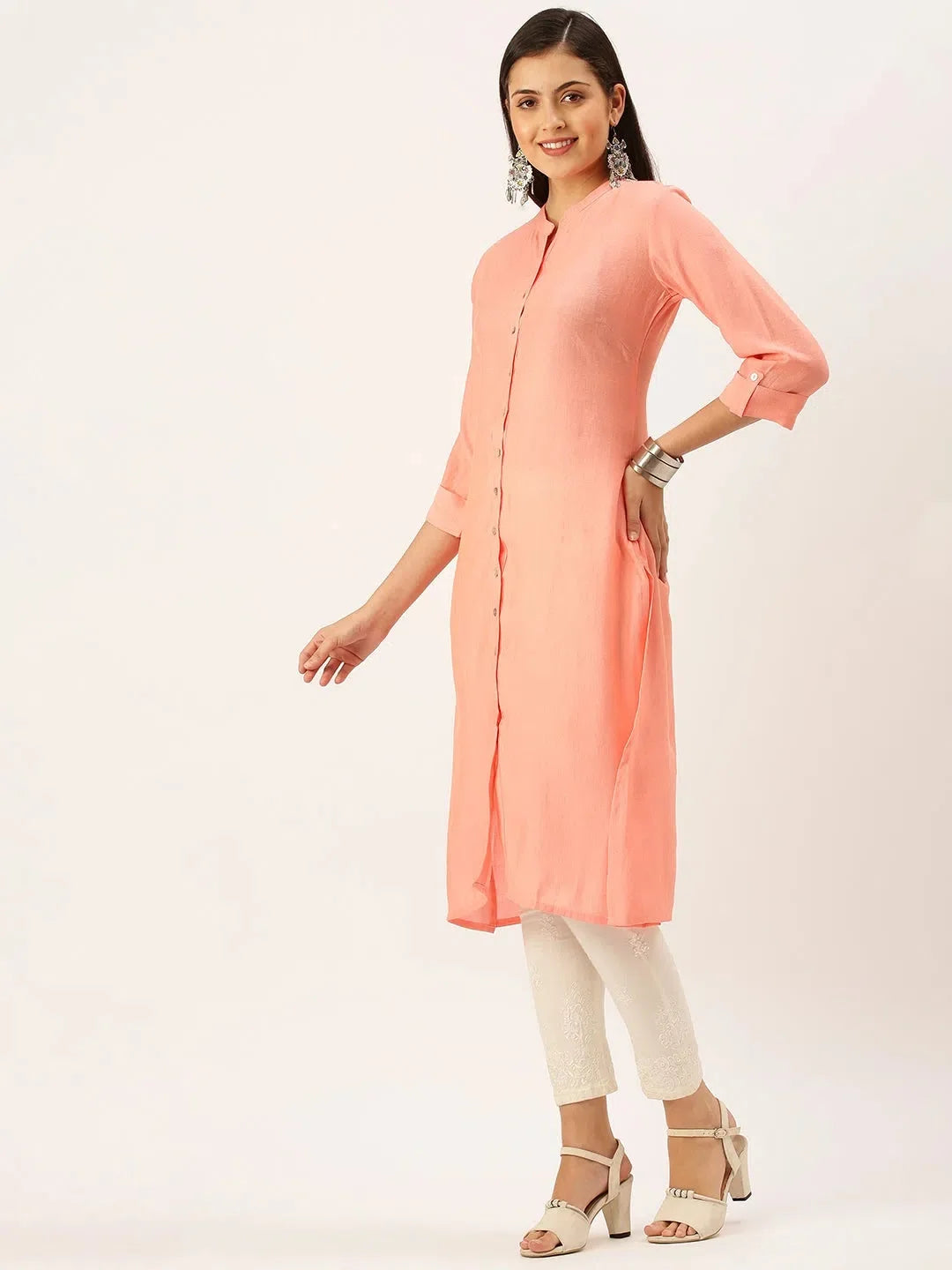 Peach Solid Straight Cotton Indian Kurta for Women Stylish