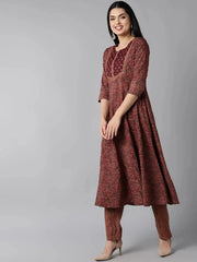 Women Maroon Rayon Blend Printed Anarkali Kurta Pant Set-VKSKD1300