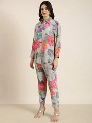 Women Oversized Grey Printed Shirt & Trousers Set-DW-5091-Grey