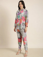 Women Oversized Grey Printed Shirt & Trousers Set-DW-5091-Grey