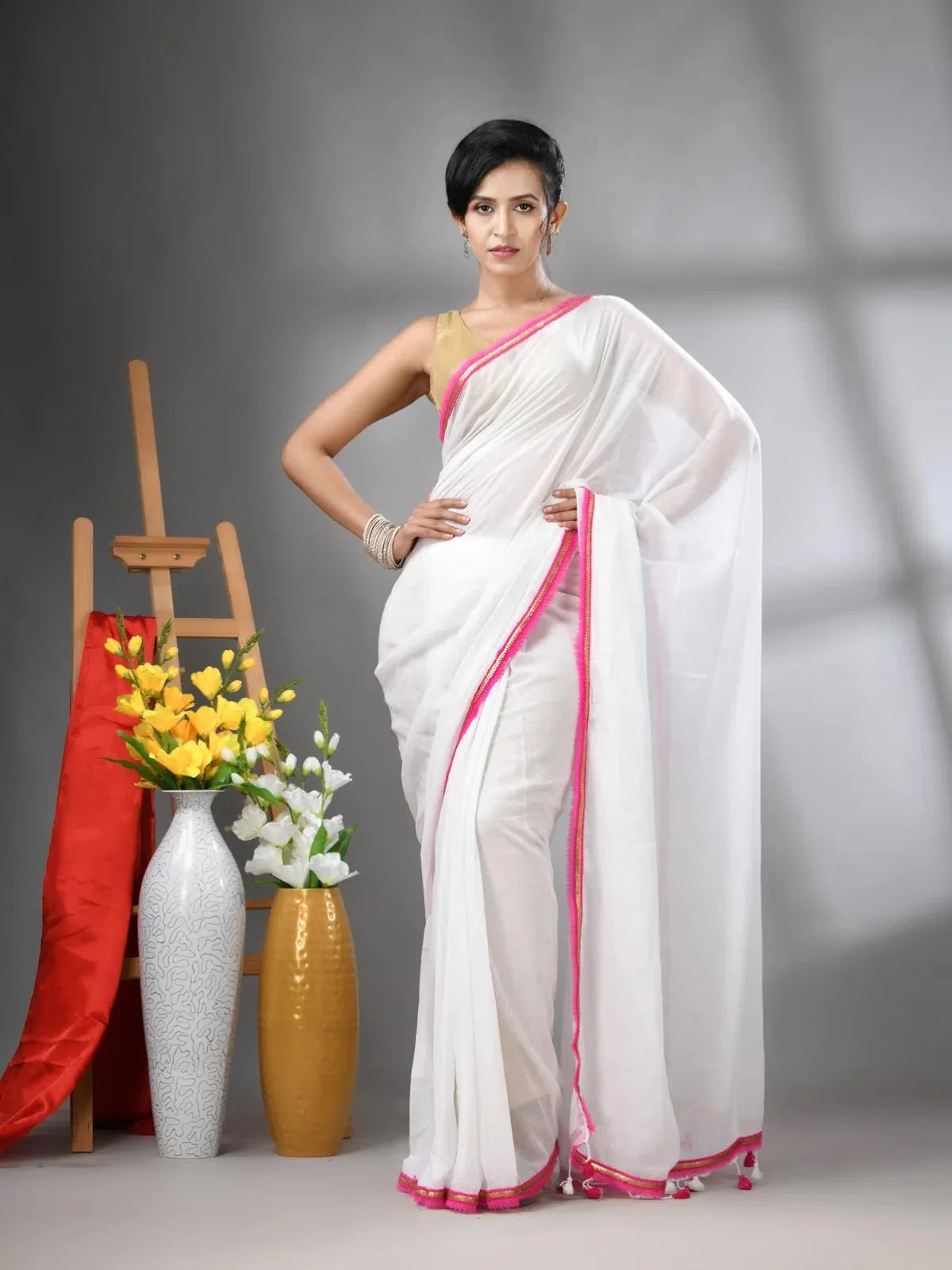 White Mul Cotton Indian Sari with Gota Patti Border
