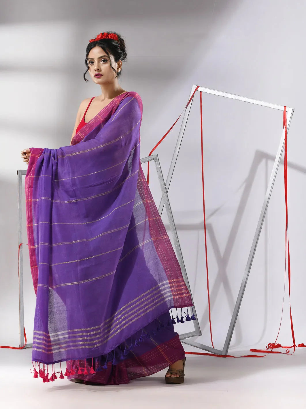 Purple Cotton Saree With Stripes Design-MA55CT06540087