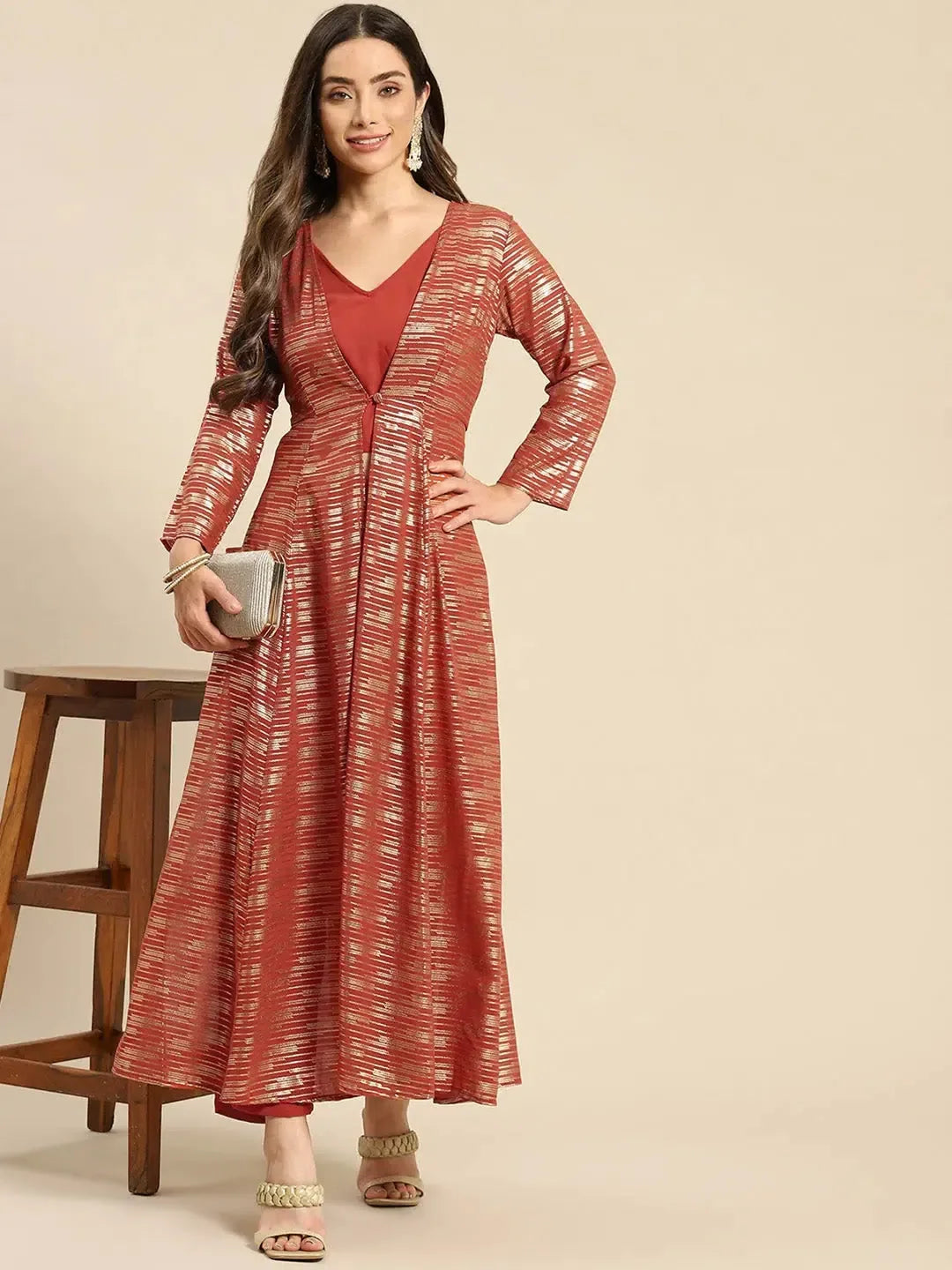 Rust Jacket, Crop Top & Pants Set | Modern Ethnic Lehenga Style