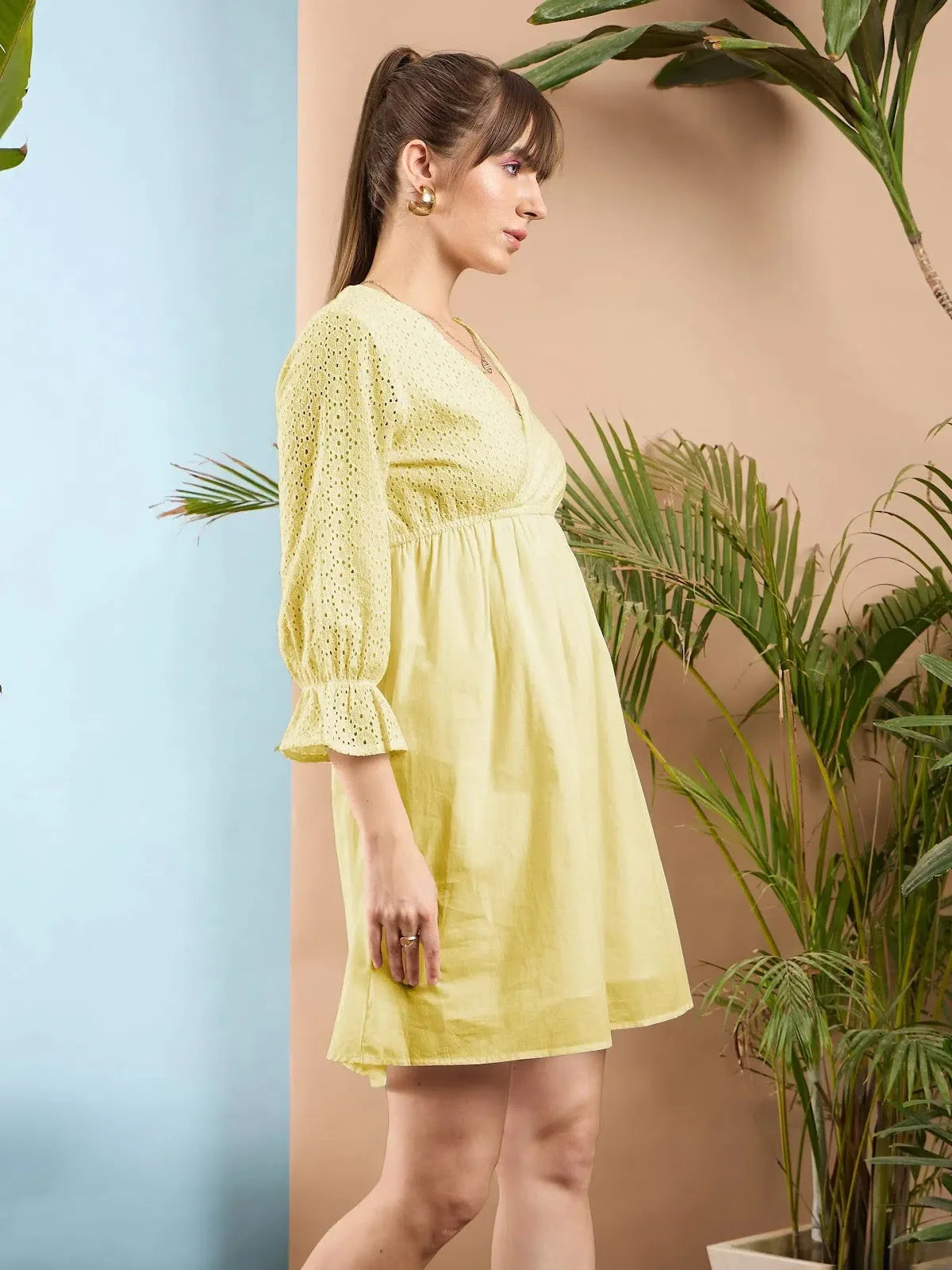 Lemon Yellow Schiffli Shift Dress | Women's Cotton Dress