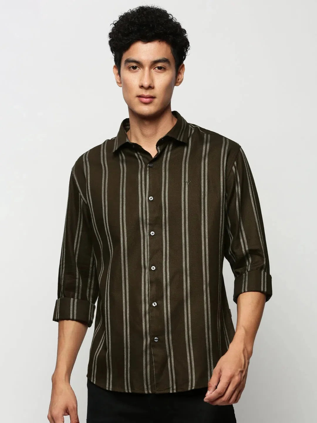 Trendy Men's Green Striped Cotton Shirt | Casual Style