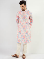 Ethnic Bay Men Off White Viscose Rayon Abstract Embroidered Straight Kurta With Pant Set-MKSET1082