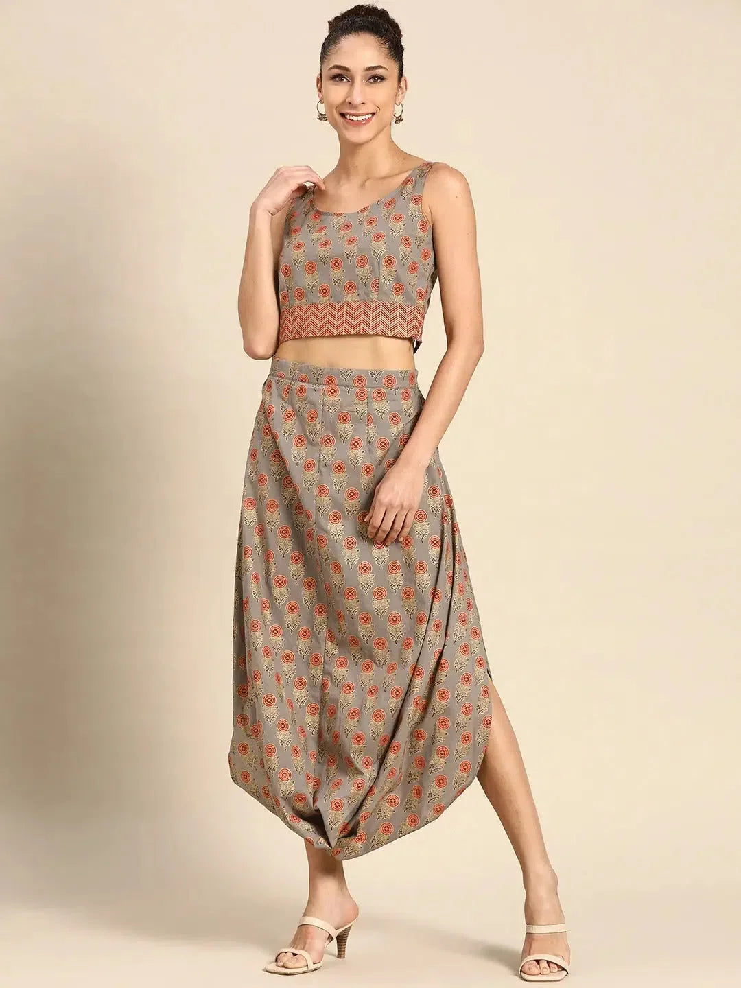 Grey Print Cowl Skirt & Crop Top Set | Ethnic Lehenga Alternative