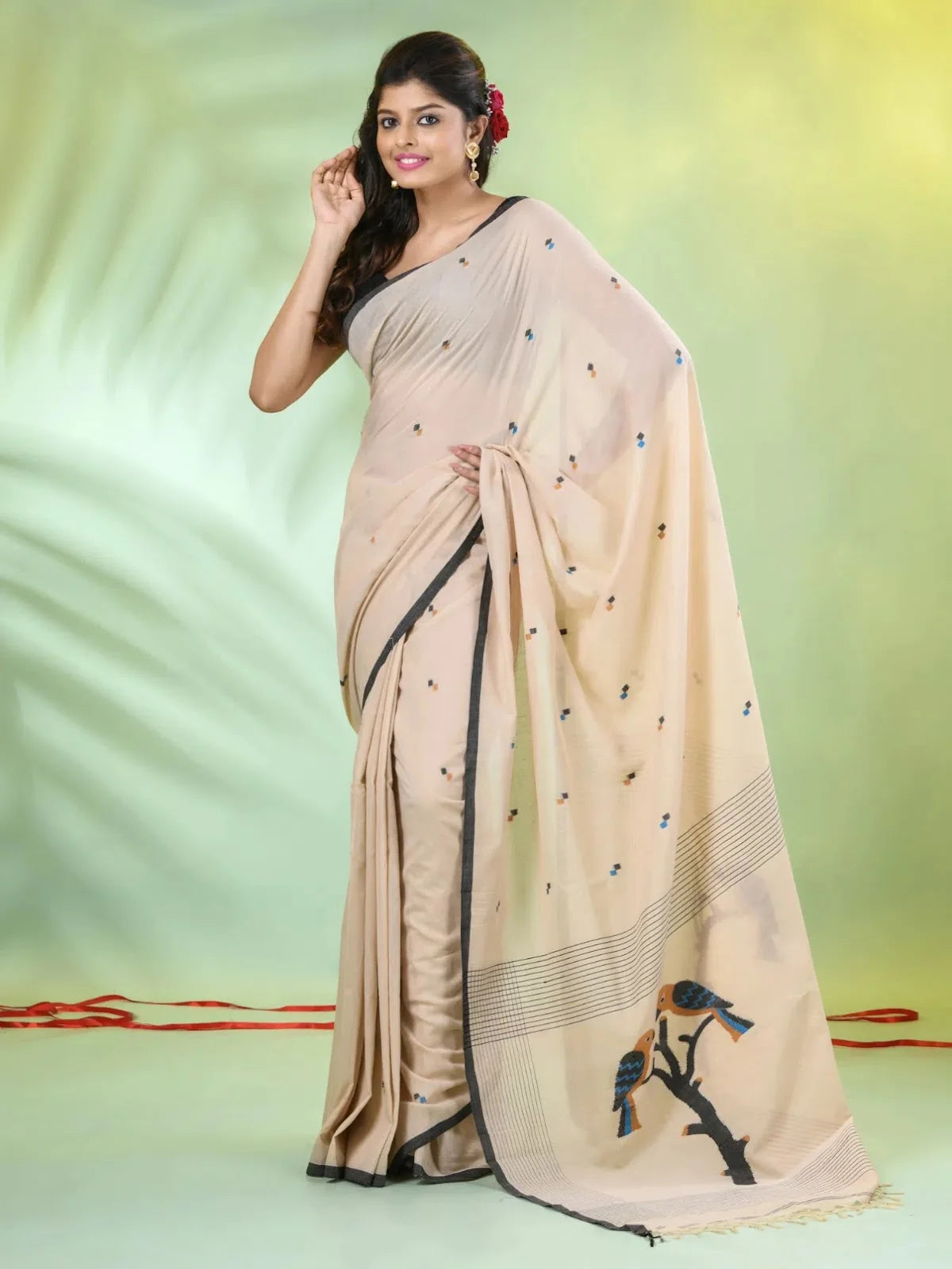 Beige Cotton Saree: Handwoven Bird Motifs | Indian Sarees