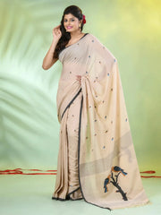 Beige Cotton Handwoven Saree With Zari Borders-MA66CT431820065