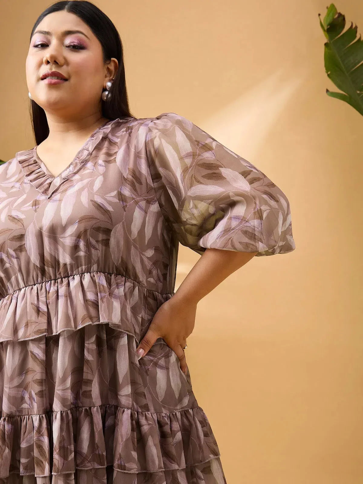 Brown Tropical Frill Short Dress | Women's Party Wear Lehenga