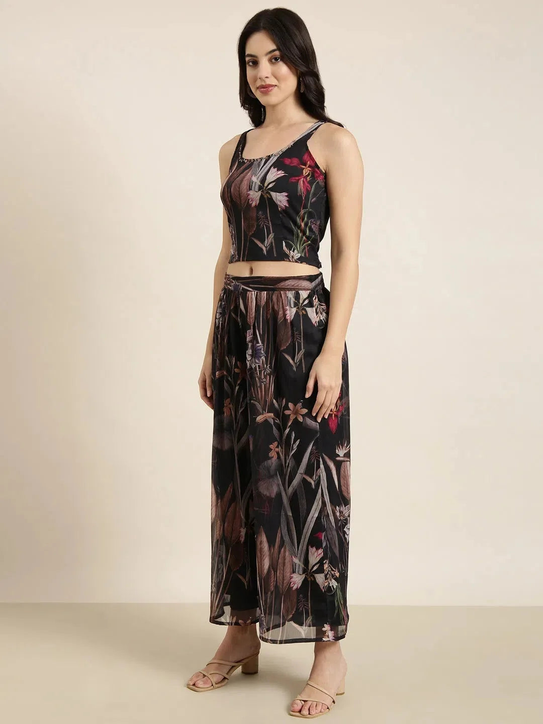 Black Printed Palazzo Pants Set with Jacket | DesiQlo Fashion