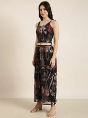 Women Black Printed Top & Palazzos Set Comes With Jacket-DW-5498-Black
