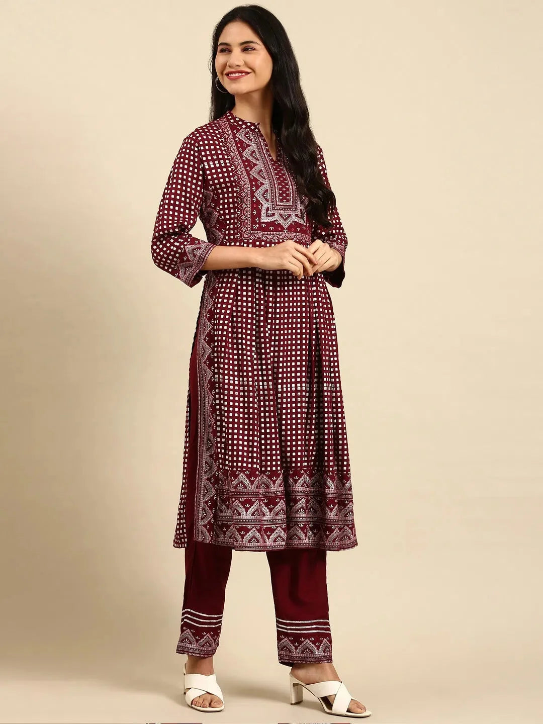 Burgundy Printed Cotton Kurta Set | Women's Indian Kurta Sets