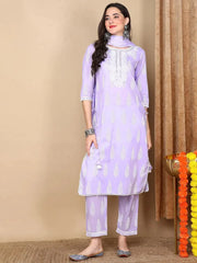 Women Lavender Cotton Printed Straight Kurta Pant Set