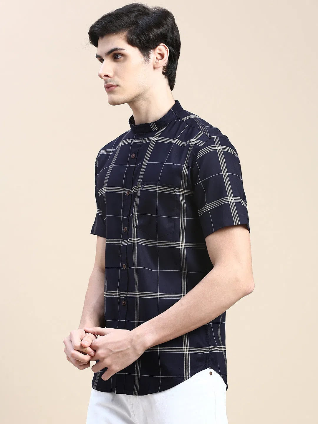 Men's Navy Checked Shirt - Cotton Casual Shirt | DesiQlo