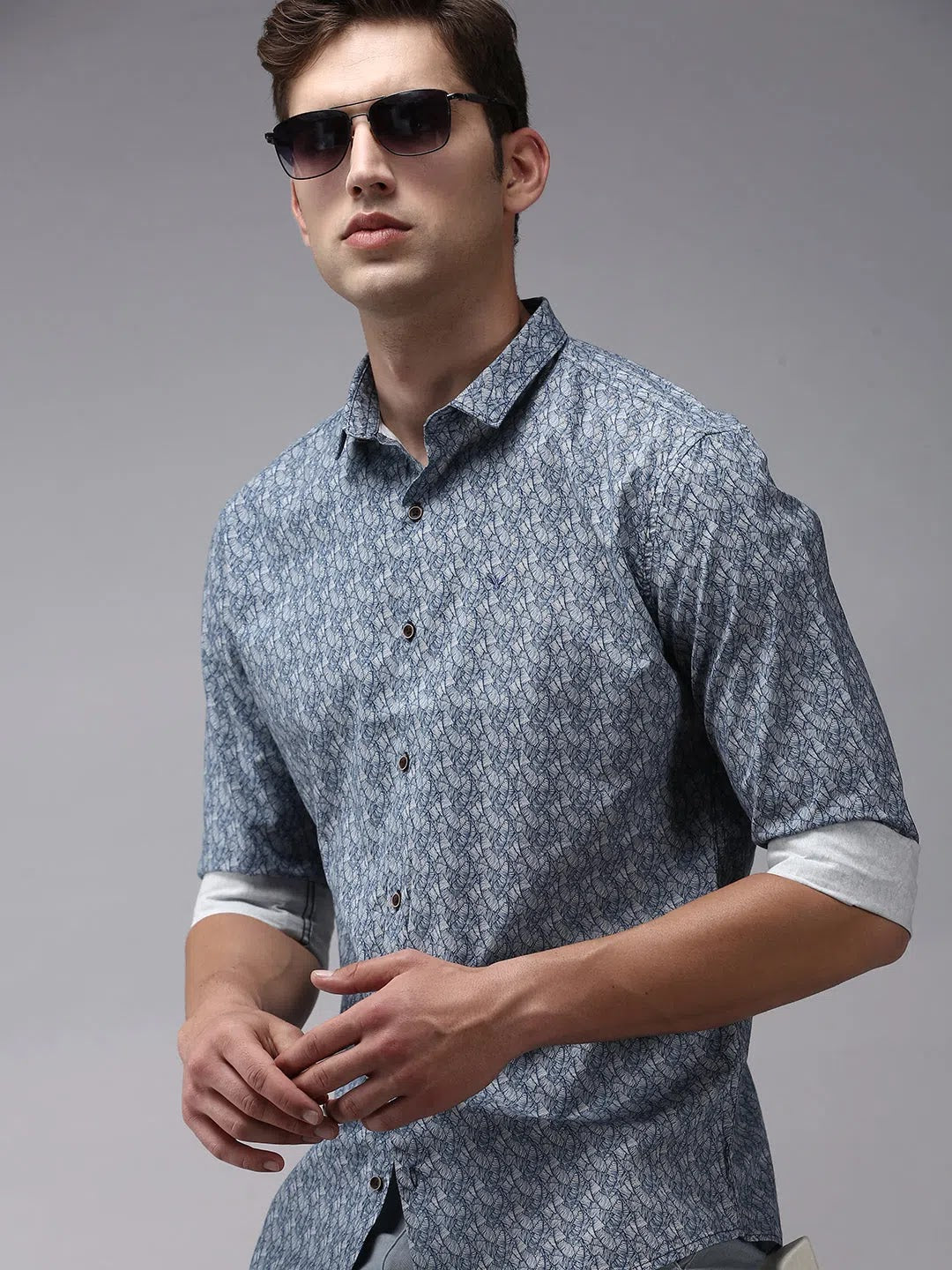 Men Blue Printed Casual Shirt-OMANPRINT-1583-Navyblue