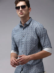 Men Blue Printed Casual Shirt-OMANPRINT-1583-Navyblue