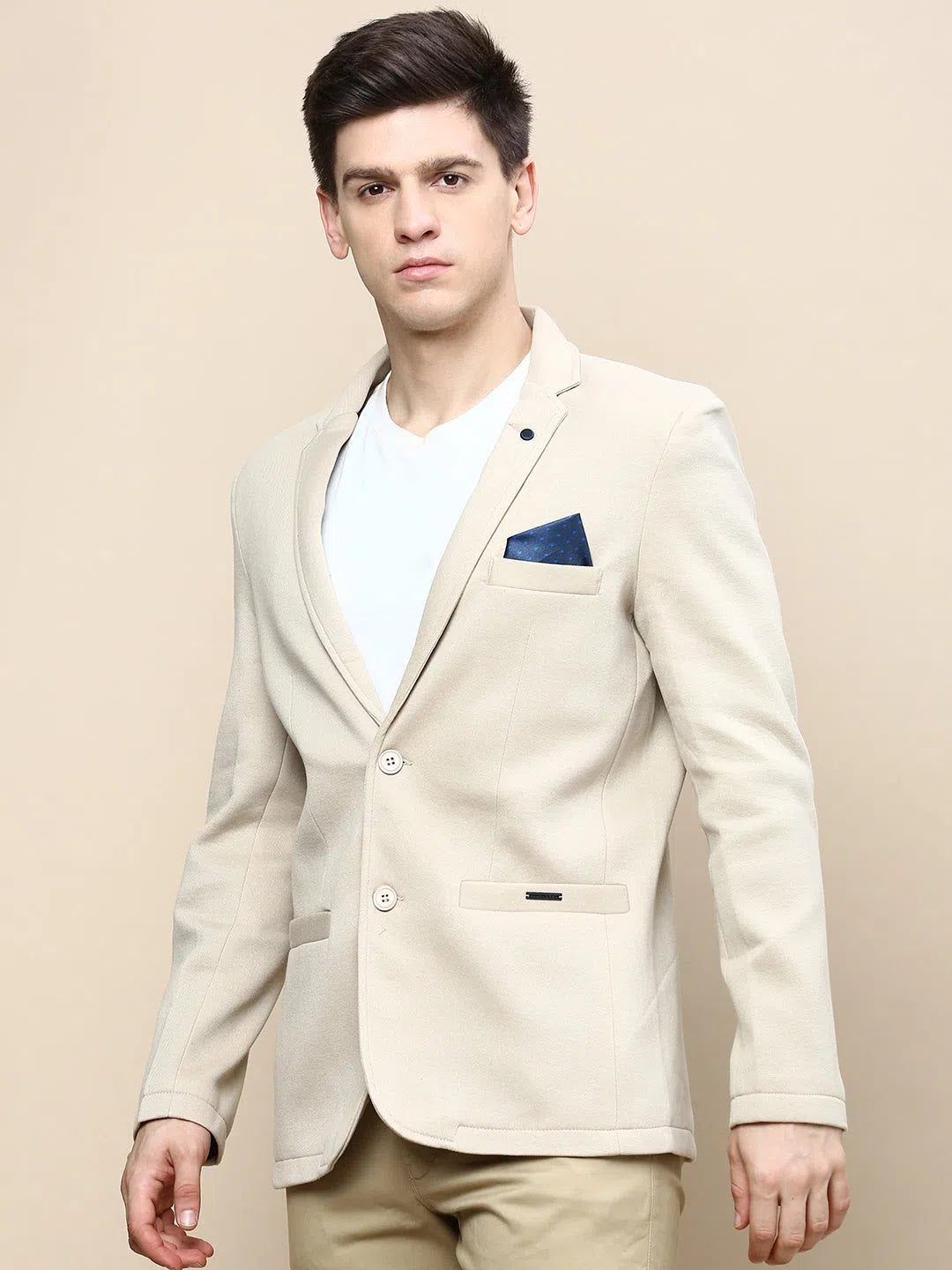 Beige Cotton Men's Ethnic Wear: Solid Nehru Jacket Blazer