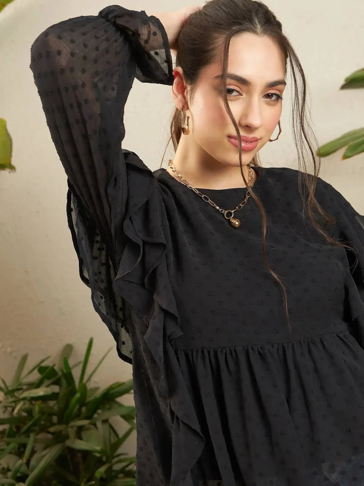 Black Dobby Ruffle Top - Women's Blouses and Shirts