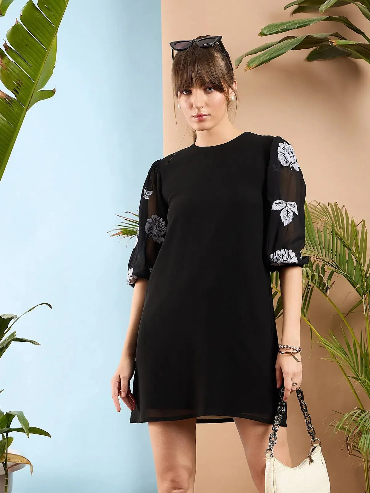 Black Embroidered Women's Dress | Puff Sleeves & A-Line