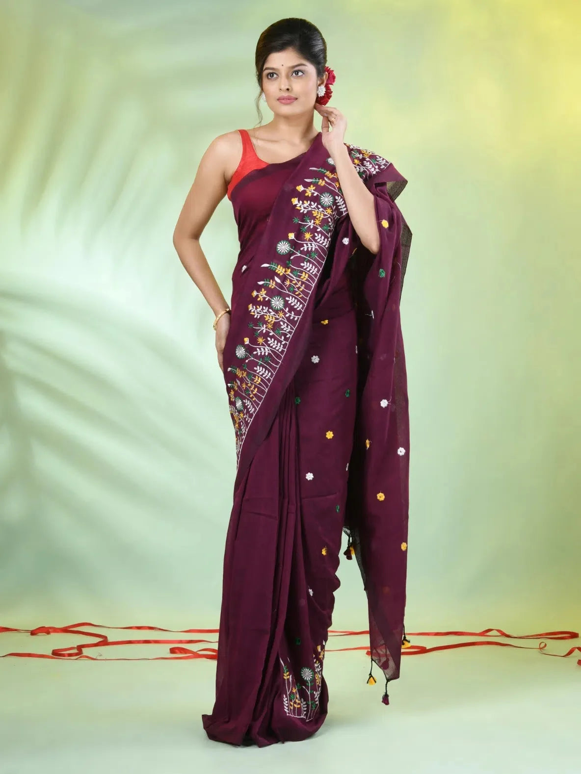 Embroidered Cotton Saree: Burgundy Indian Sari | Designer Sare...