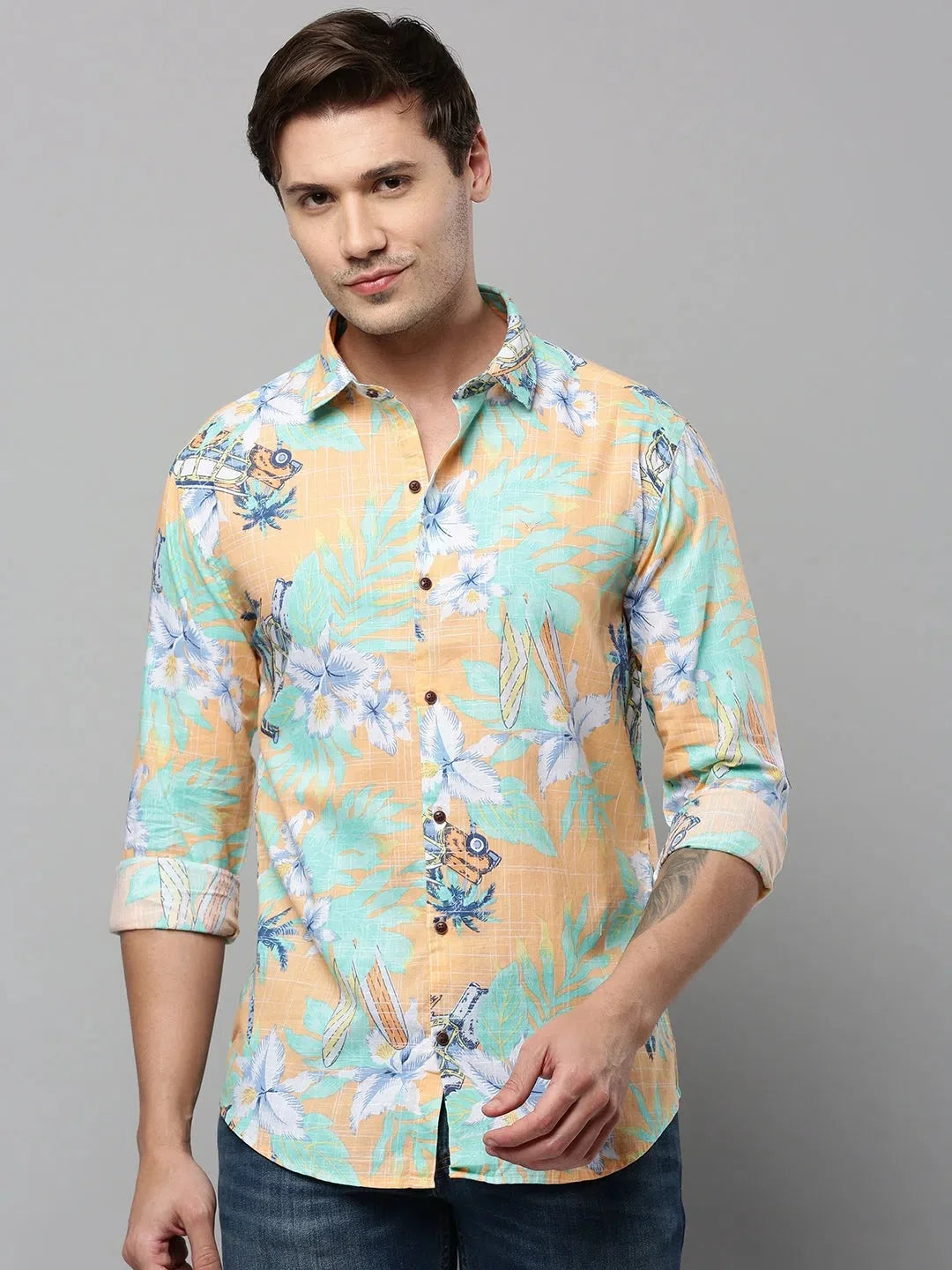 Orange Printed Mens Shirt - Casual Cotton Shirt | DesiQlo