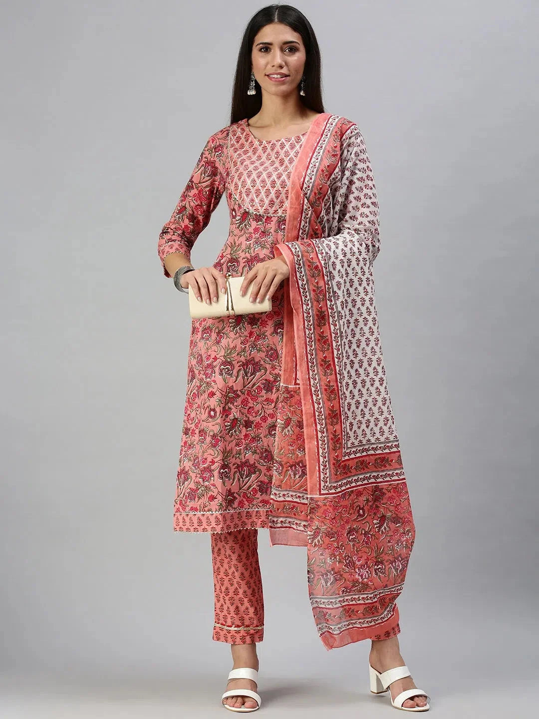 Peach Floral Print Cotton Kurta Set for Women | Indian Kurta