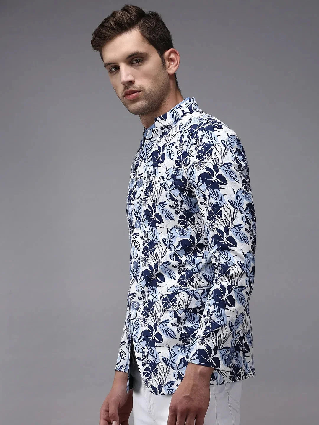 Men's White Printed Blazer - Modern Ethnic Nehru Jacket Style