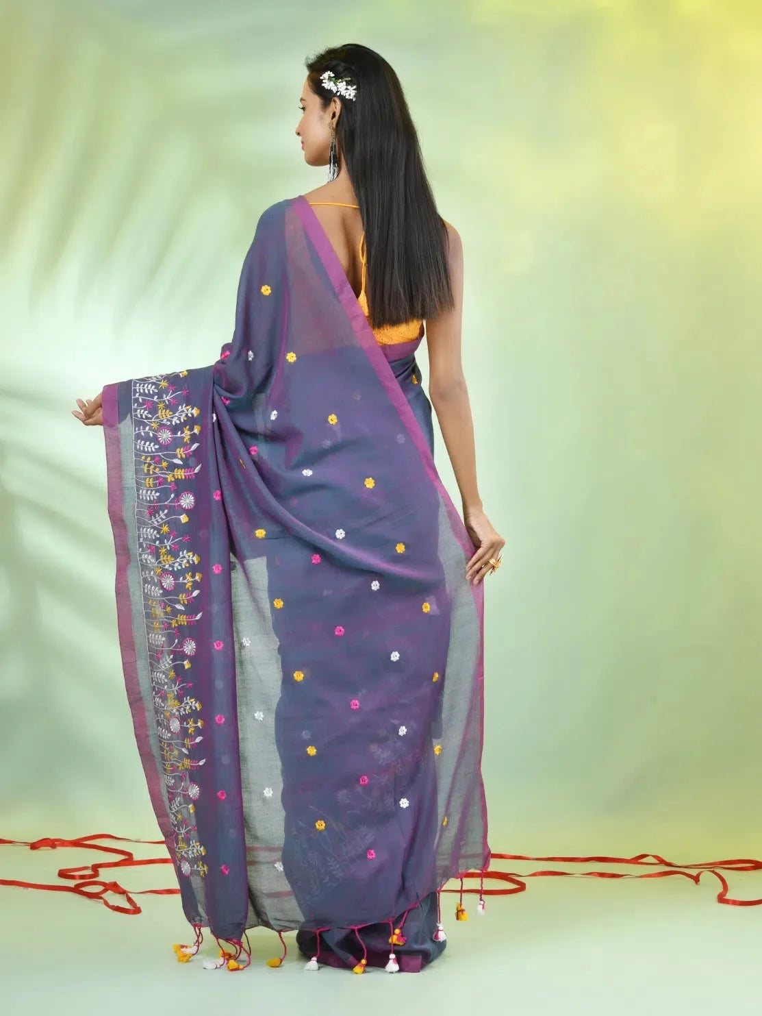 Embroidered Grey Cotton Saree | Indian Wedding Sarees