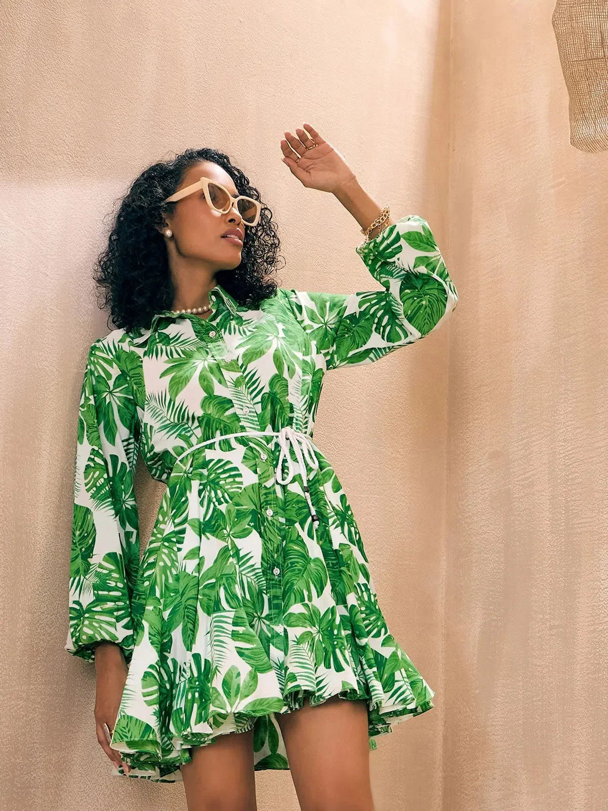 Green Leaf Print Shirt Dress | Western Outfits for Women - [Br... Green Leaf Print Shirt Dress | Western Outfits for Women - [Br...