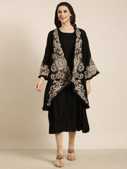 Women A-Line Black Solid Kurta Comes With Overcoat-ON-773-Black