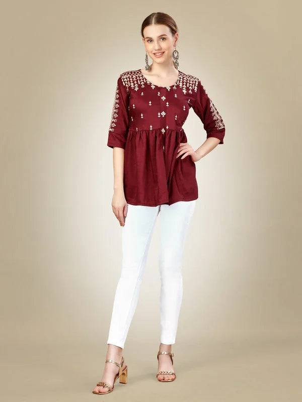 Rust Embroidered Polyester Tunic Top | Indian Kurta for Women