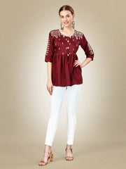Rust Embroidered Women Silk Top-1108