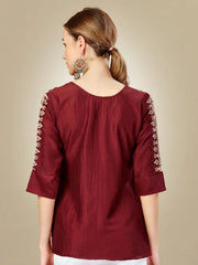 Rust Embroidered Women Silk Top-1108