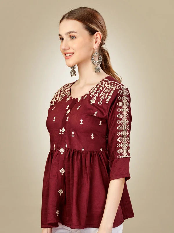 Rust Embroidered Polyester Tunic Top | Indian Kurta for Women