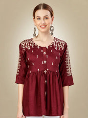 Rust Embroidered Women Silk Top-1108
