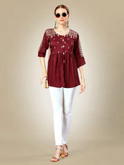 Rust Embroidered Women Silk Top-1108