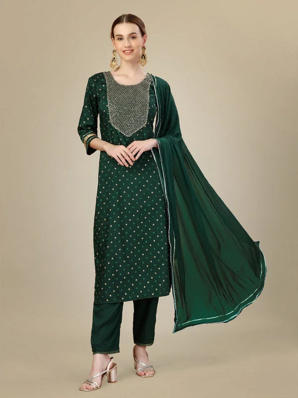 DARKGREEN Embroidered Polyester Kurta Set with Dupatta | Women