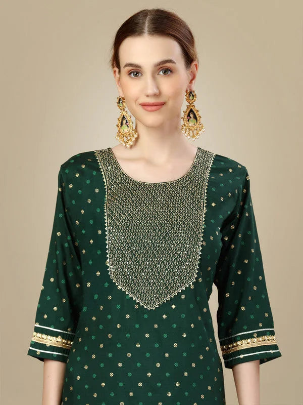 DARKGREEN Embroidered Polyester Kurta Set with Dupatta | Women