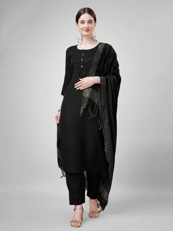 Black Embroidered Women's Kurta Set with Dupatta - Rayon Fabric