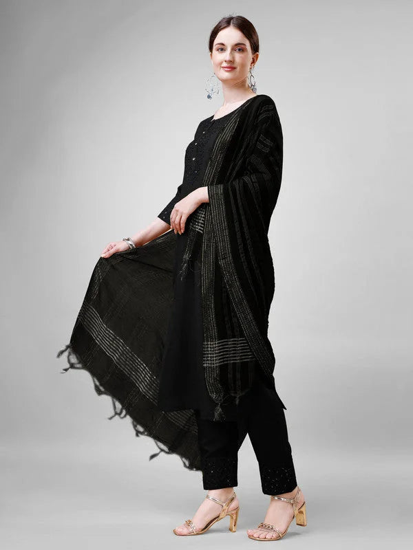 Black Embroidered Women's Kurta Set with Dupatta - Rayon Fabric