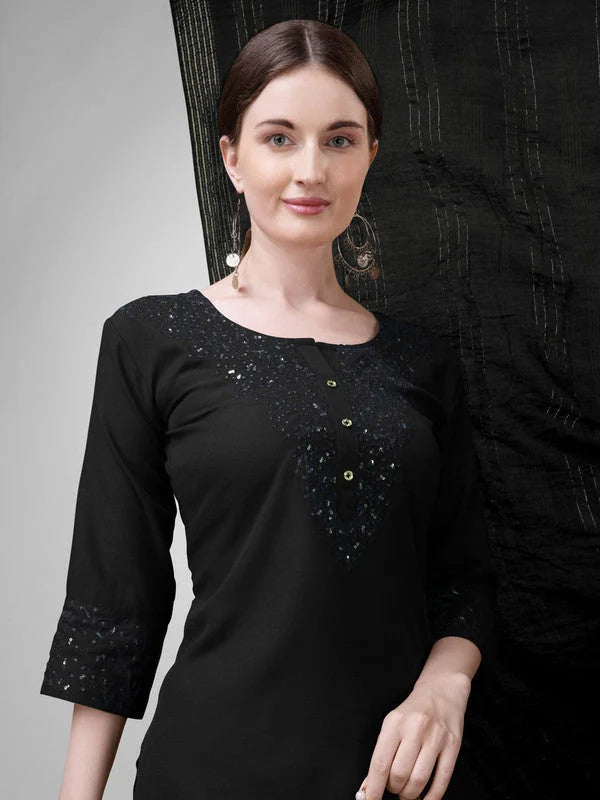 Black Embroidered Women's Kurta Set with Dupatta - Rayon Fabric