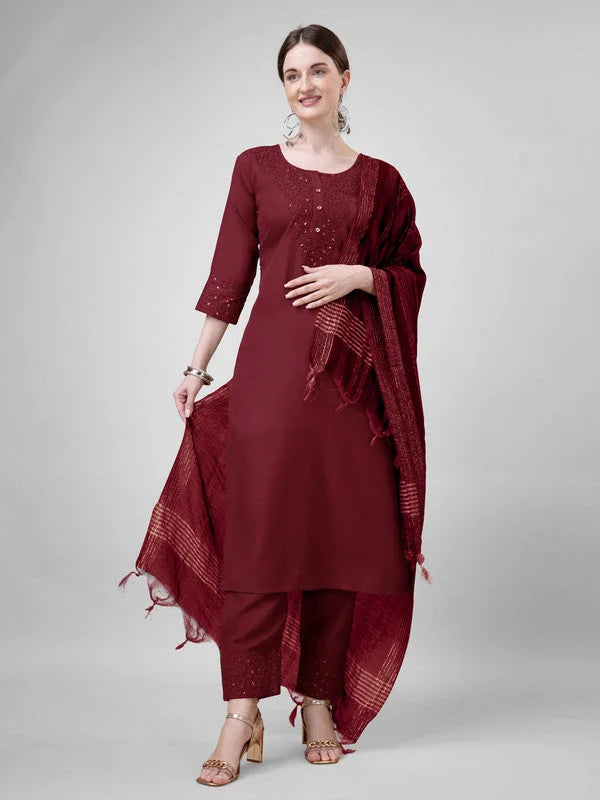 Maroon Women's Kurta Set with Dupatta - Embroidered Rayon Fabric