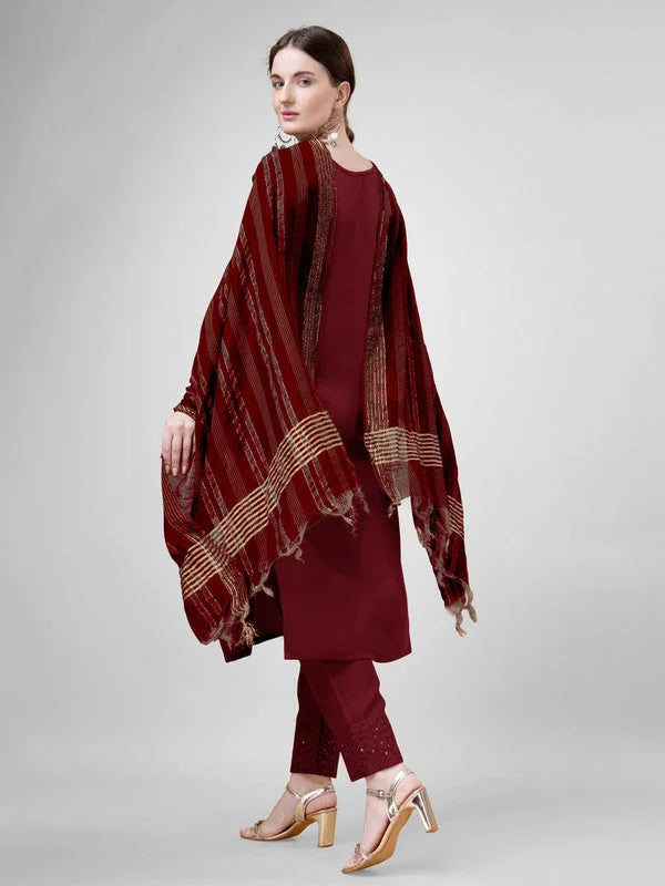 Maroon Women's Kurta Set with Dupatta - Embroidered Rayon Fabric